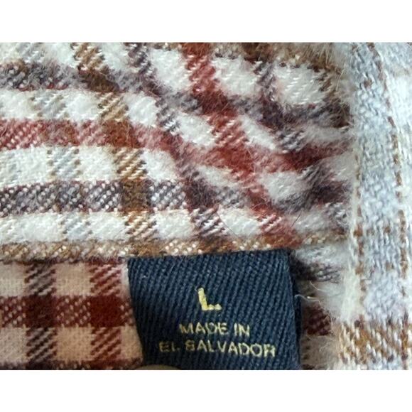 Casuals Roundtree & York Men L Brown White Portuguese Flannel Plaid Shirt Cozy - Picture 6 of 8